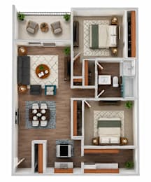 A top-down view of a small apartment layout with a kitchen, living room, and bedroom.