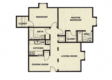 2 bedroom 2 bathroom floor plan at Wellington Estates in San Antonio, TX