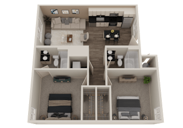 A 3D rendered image of a two-story apartment layout.