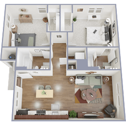 A top-down view of a two-bedroom apartment with a living room, kitchen, and bathroom.
