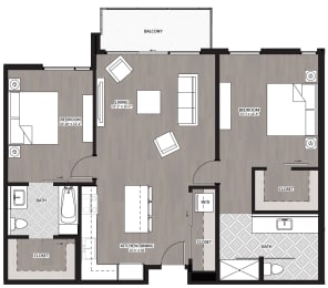 Two bedroom two bathroom floor plan image at RendezVous Urban Apartments in Tucson AZ
