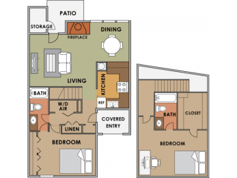 Two bedroom two bathroom floor plan image at Orange Tree Village Apartments in Tucson AZ