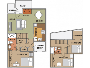 Three bedroom two bathroom floor plan image at Orange Tree Village Apartments in Tucson AZ
