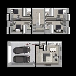 A floor plan of a house with two bedrooms, two bathrooms, a living room, a kitchen, and a garage.