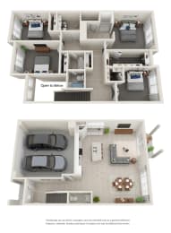 Grey tile throughout all common areas and dark grey carpet in bedrooms. White cabinets in the kitchen and bathrooms. The patio area is near the living room.