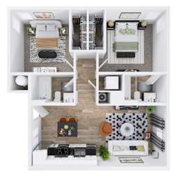A top-down view of a modern apartment with a kitchen, living room, and bedroom.