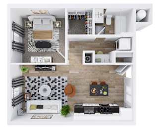 A top-down view of a modern apartment with a living room, kitchen, and bathroom.