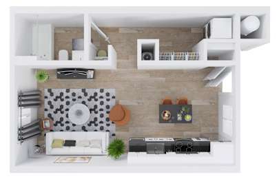 A top-down view of a modern living room with a couch, coffee table, and kitchen area.