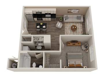 A top down view of a small apartment with a kitchen, living room, and bedroom.