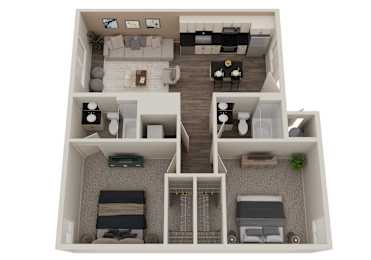 A 3D floor plan of a modern apartment with a kitchen, living room, and bedrooms.