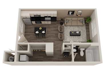 A top down view of a modern apartment layout.