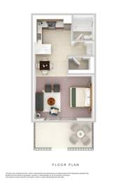 A floor plan of a small apartment with a kitchen, living room, and bathroom.