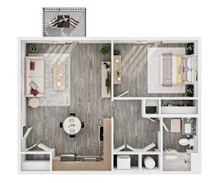A top-down view of a small apartment with a kitchen, living room, and bathroom.