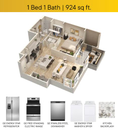 One Bedroom Floorplan with applaince callouts patio square footage