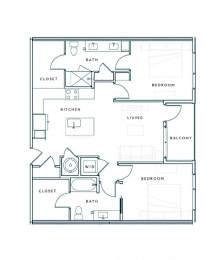 A floor plan of a house with two bedrooms, a living room, a kitchen, a bathroom, and a closet.
