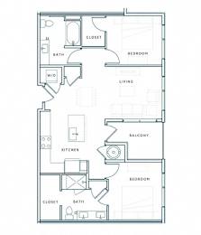 A floor plan of a house with a living room, two bedrooms, a kitchen, a bathroom, and a balcony.