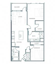 A floor plan of a small apartment with a balcony, living room, kitchen, and bathroom.
