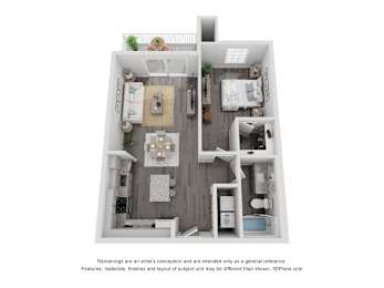 A 3D floor plan of a small apartment with a kitchen, living room, and two bedrooms.