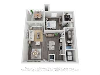 A 3D floor plan of a small apartment with a kitchen, living room, and bedroom.