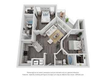 A 3D floor plan of a house with a kitchen, living room, and two bedrooms.