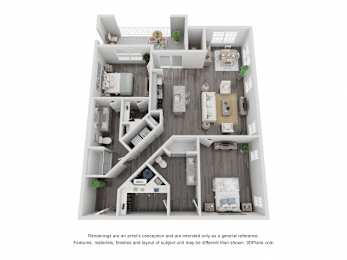 A 3D floor plan of a small apartment with a kitchen, living room, and bedrooms.
