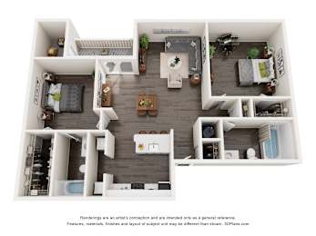 A 3D floor plan of a house with a kitchen, living room, and bathrooms.