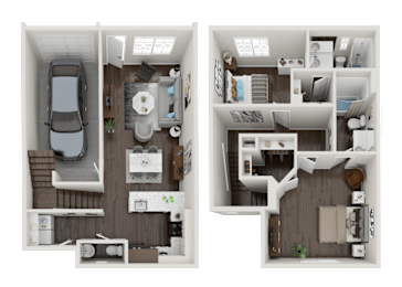 A top-down view of a small apartment with a car parked outside.