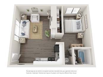 A top-down view of a small apartment with a kitchen, living room, and bathroom.