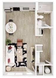 A small, neatly organized kitchen with a dining table and chairs.