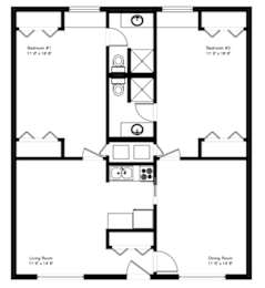 A black and white image of a floor plan for a two bedroom apartment.