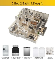 Two Bedroom Floorplans with appliance callouts and patio square ft