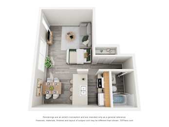 A 3D floor plan of a small apartment with a kitchen, living room, and bedroom.