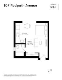 A floor plan for a Bachelor apartment at 107 Redpath Avenue.
