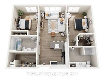 A top-down view of a modern apartment layout.