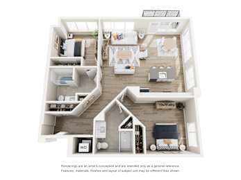 A floor plan of a house with a living room, kitchen, and two bedrooms.