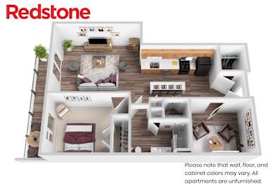 A Redstone apartment floor plan shows a living room, dining room, kitchen, and bedrooms.