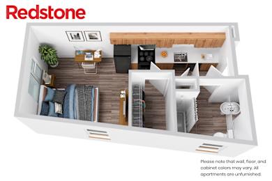 A Redstone apartment interior with a kitchen, living room, and bedrooms.