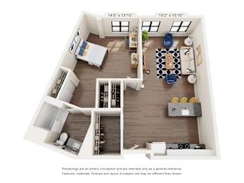 Floor Plan  A floor plan of a Type A1 apartment with 944 square feet, featuring a living room, kitchen, bathroom, and storage.