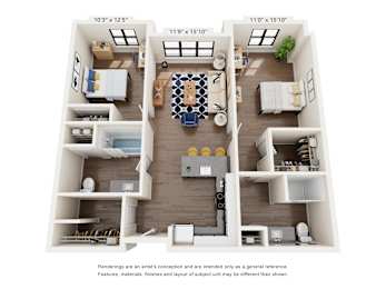 Floor Plan  A floor plan of a three bedroom apartment with a living room, kitchen, and bathrooms.