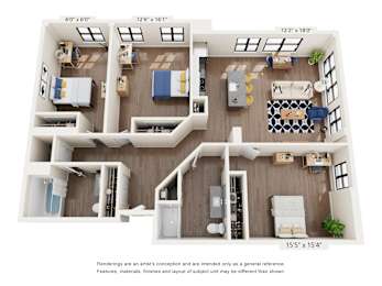 Floor Plan  A floor plan of an apartment with dimensions and a disclaimer.