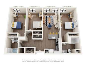 Floor Plan  A floor plan of a two-bedroom apartment with a kitchen and living room.