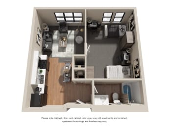 a stylized floor plan with a bedroom and living room