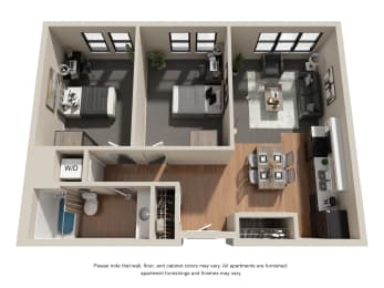 a stylized floor plan with two bedrooms and one bed in each room
