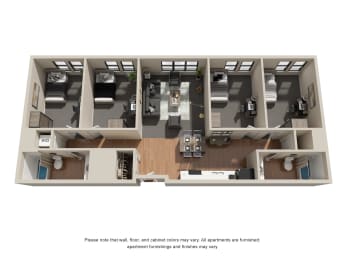 a stylized floor plan with four bedrooms and one bed in each room