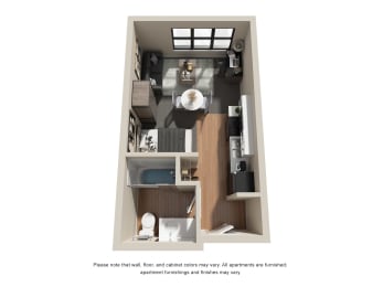 a stylized floor plan of a studio unit with one bed in the room