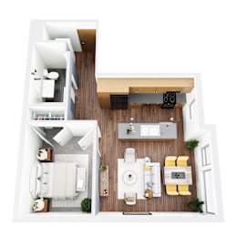 A top-down view of a modern apartment with a living room, kitchen, and dining area.
