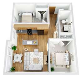 A top-down view of a modern apartment layout with a living room, kitchen, and bathroom.