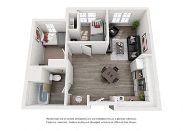 a 1 bedroom floor plan with a bathroom and a living room