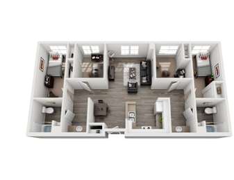 A top-down view of a two-bedroom apartment with a living room, kitchen, and bathrooms.