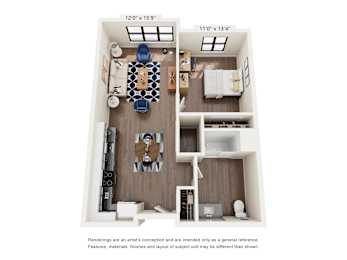 A floor plan of a small apartment with a kitchen, living room, and bedroom.
